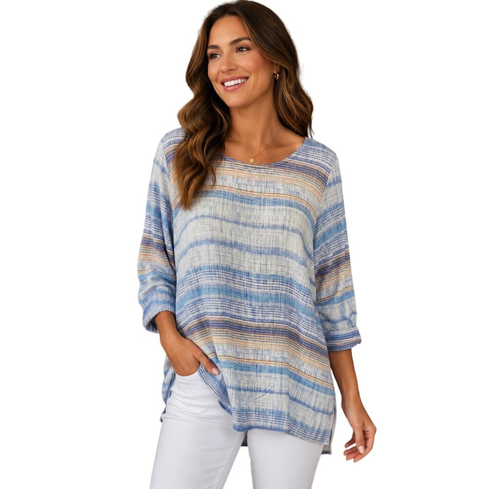 Intro 1X blue chambray striped 3/4 sleeve tunic career casaul top stretch comfy